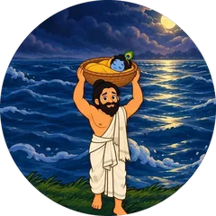 Vasudeva carrying baby Krishna across the river